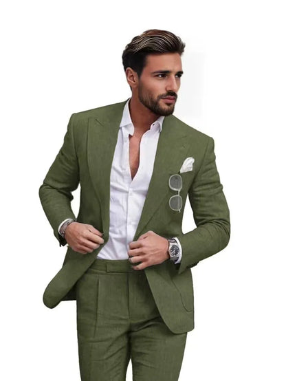 Traje de dos piezas de lino con solapas en pico para hombre