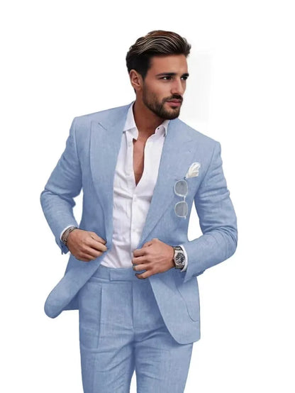 Traje de dos piezas de lino con solapas en pico para hombre