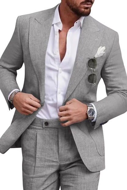 Traje de dos piezas de lino con solapas en pico para hombre