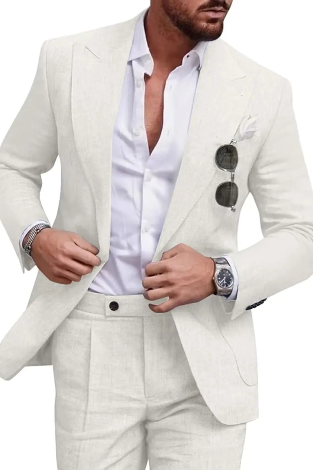 Traje de dos piezas de lino con solapas en pico para hombre