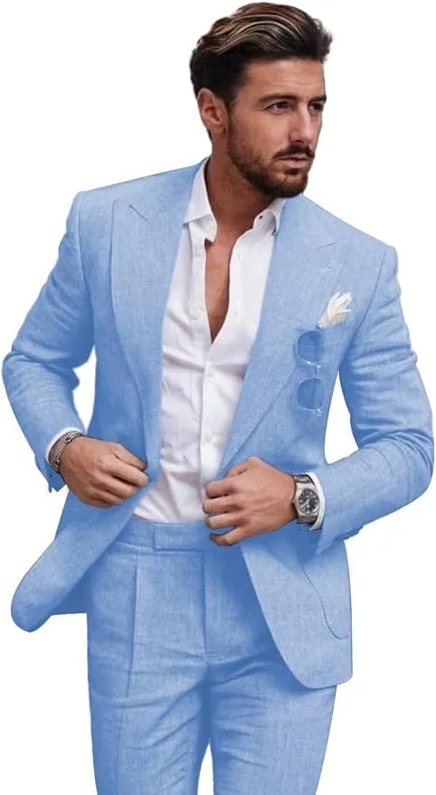 Traje de dos piezas de lino con solapas en pico para hombre