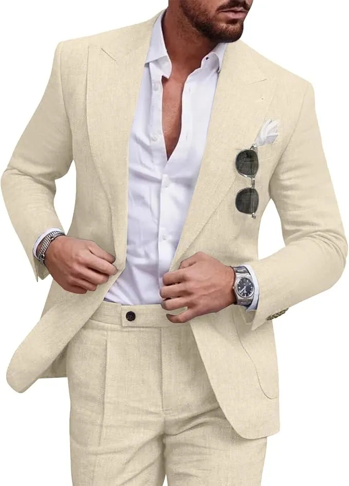 Traje de dos piezas de lino con solapas en pico para hombre