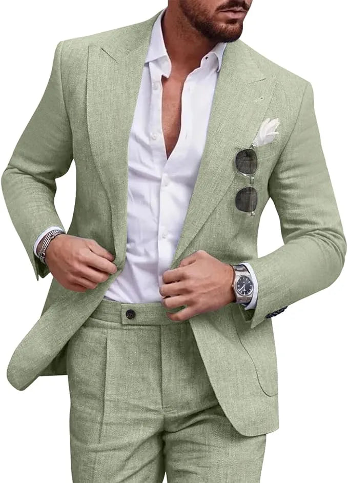 Traje de dos piezas de lino con solapas en pico para hombre