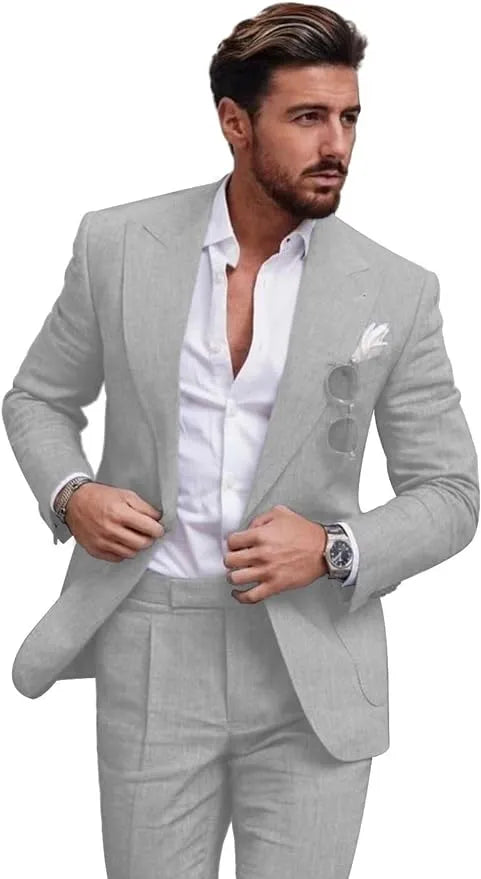 Traje de dos piezas de lino con solapas en pico para hombre