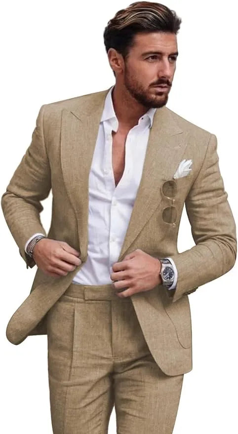 Traje de dos piezas de lino con solapas en pico para hombre