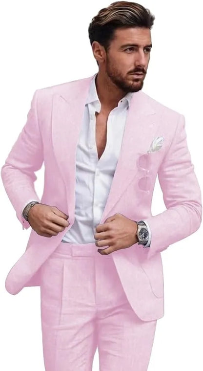 Traje de dos piezas de lino con solapas en pico para hombre