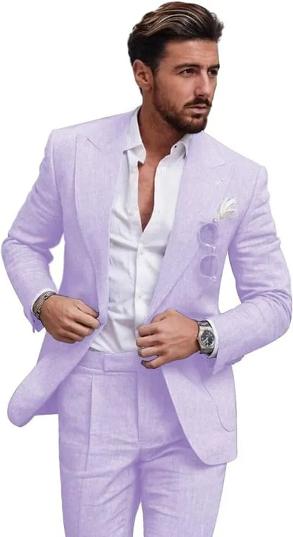 Traje de dos piezas de lino con solapas en pico para hombre