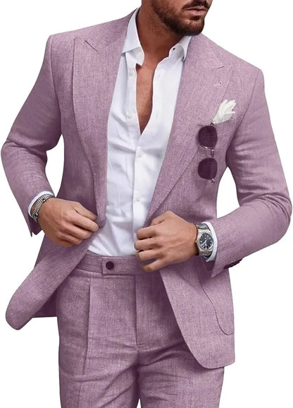 Traje de dos piezas de lino con solapas en pico para hombre