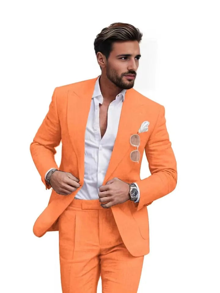 Traje de dos piezas de lino con solapas en pico para hombre