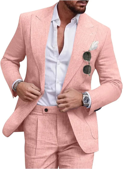 Traje de dos piezas de lino con solapas en pico para hombre