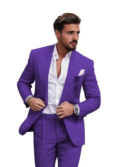 Traje de dos piezas de lino con solapas en pico para hombre