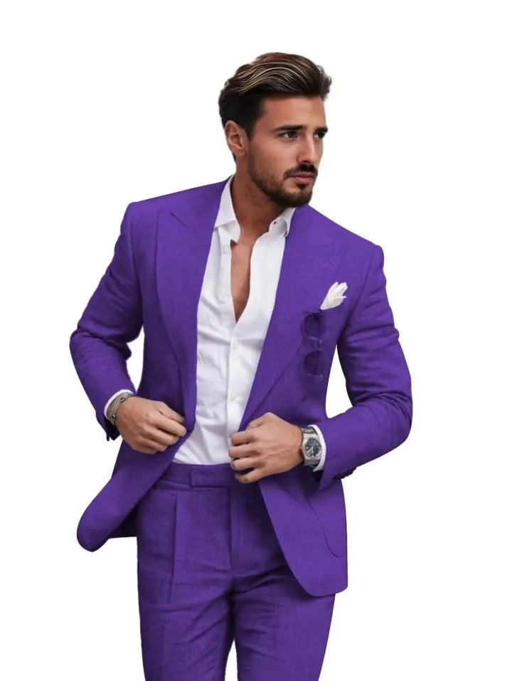 Traje de dos piezas de lino con solapas en pico para hombre
