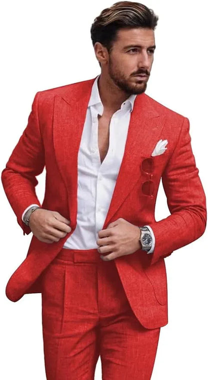 Traje de dos piezas de lino con solapas en pico para hombre