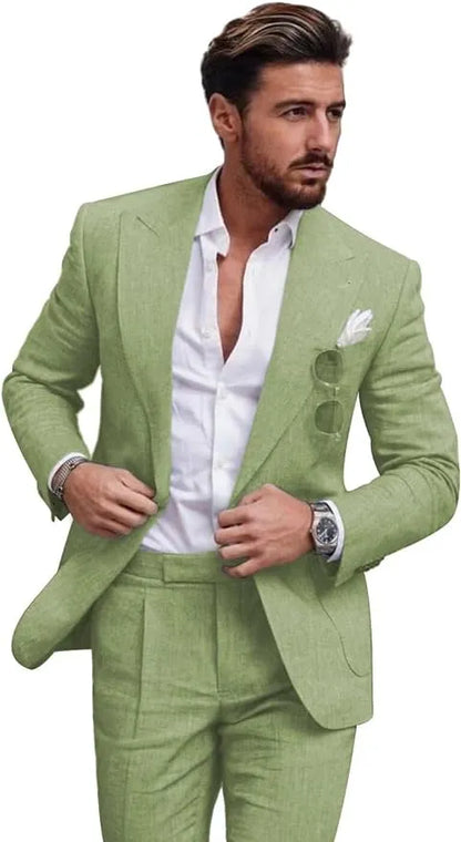 Traje de dos piezas de lino con solapas en pico para hombre