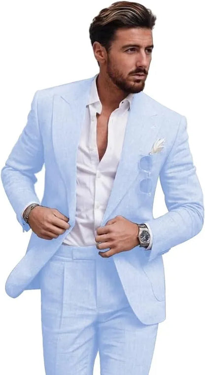 Traje de dos piezas de lino con solapas en pico para hombre
