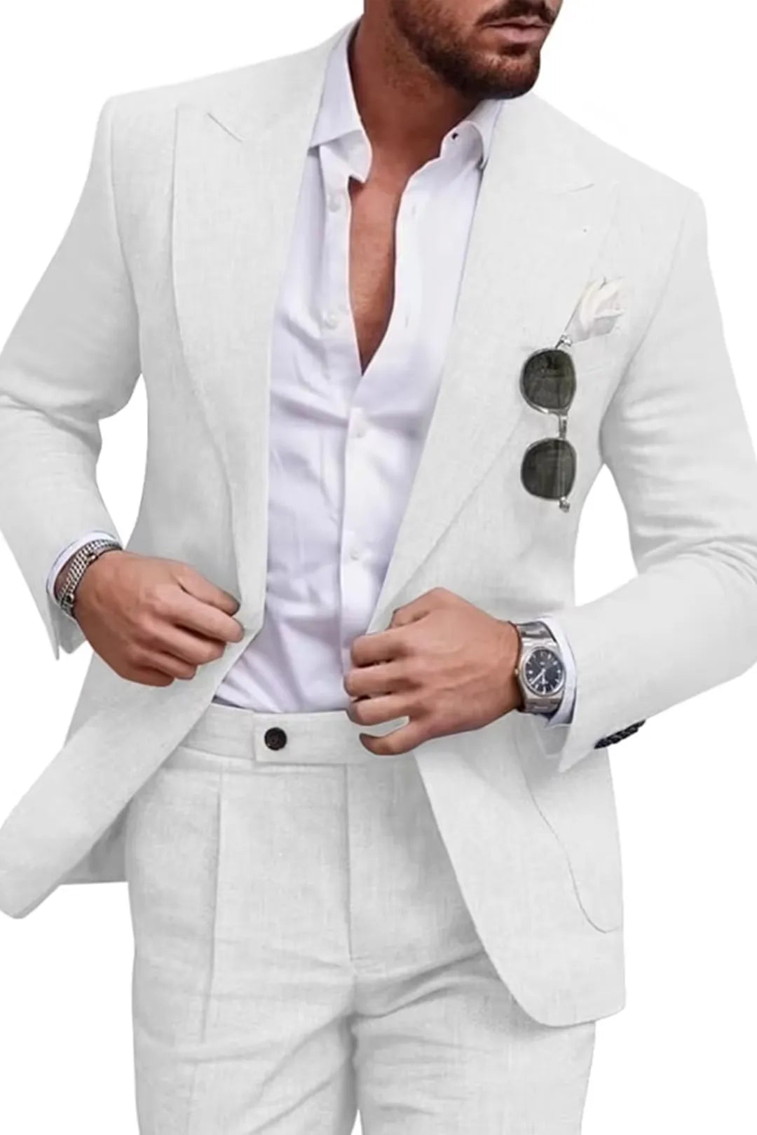 Traje de dos piezas de lino con solapas en pico para hombre