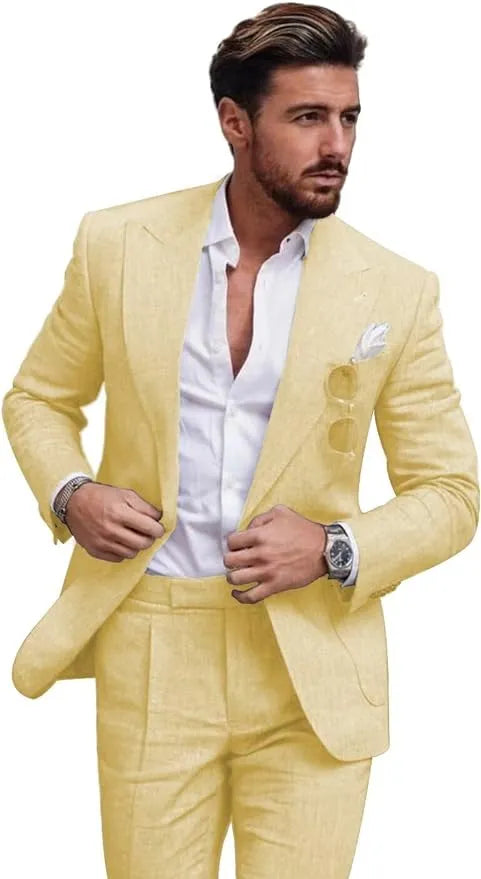 Traje de dos piezas de lino con solapas en pico para hombre